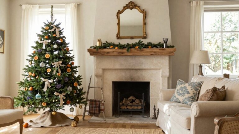 Living room with a decorated Christmas tree featuring dried orange slices, lavender, bells, and beige ribbons next to a stone fireplace, wooden mantel, and neutral furniture.