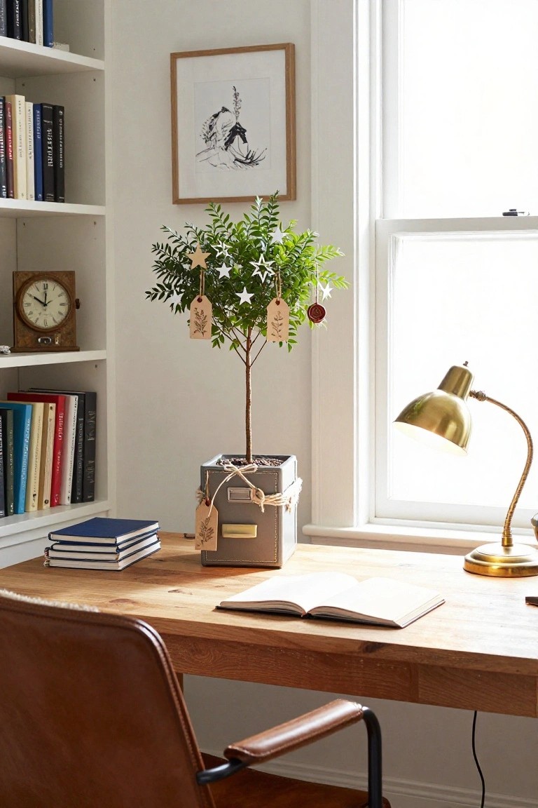 Home office corner showing white bookshelves with books, small potted Christmas tree decorated with stars and tags in a gray metal pot next to a wooden desk with an open book, brass lamp, leather chair, and window.
