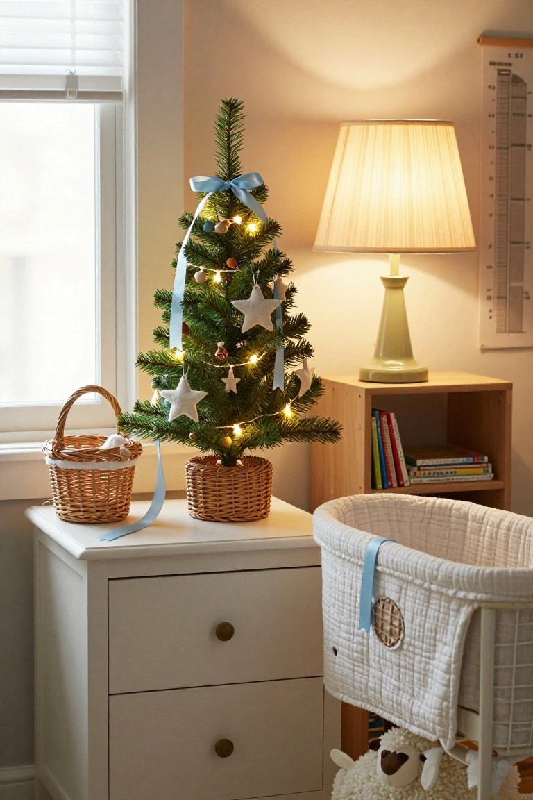 Small potted Christmas tree decorated with blue ribbons, lights, and star ornaments in a nursery corner next to a white dresser, wooden bookshelf, and white bassinet crib with a stuffed sheep toy.