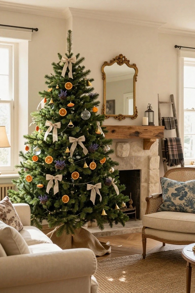 Living room with a decorated Christmas tree featuring dried orange slices, lavender, bells, and beige ribbons next to a stone fireplace, wooden mantel, and neutral furniture.