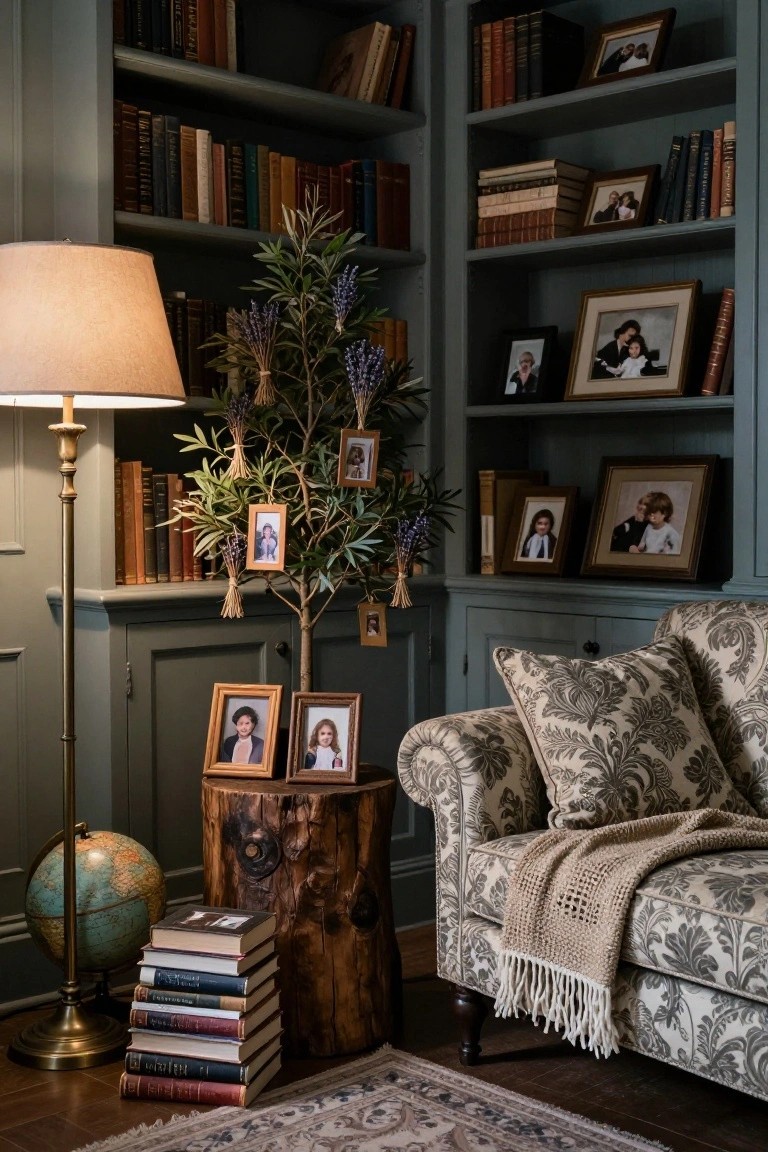 Interior corner of a dark green library with bookshelves, a small olive tree decorated with hanging family photos and lavender, an upholstered armchair with throw, stack of books on a wood stump pedestal next to a globe, brass floor lamp, and Persian rug.