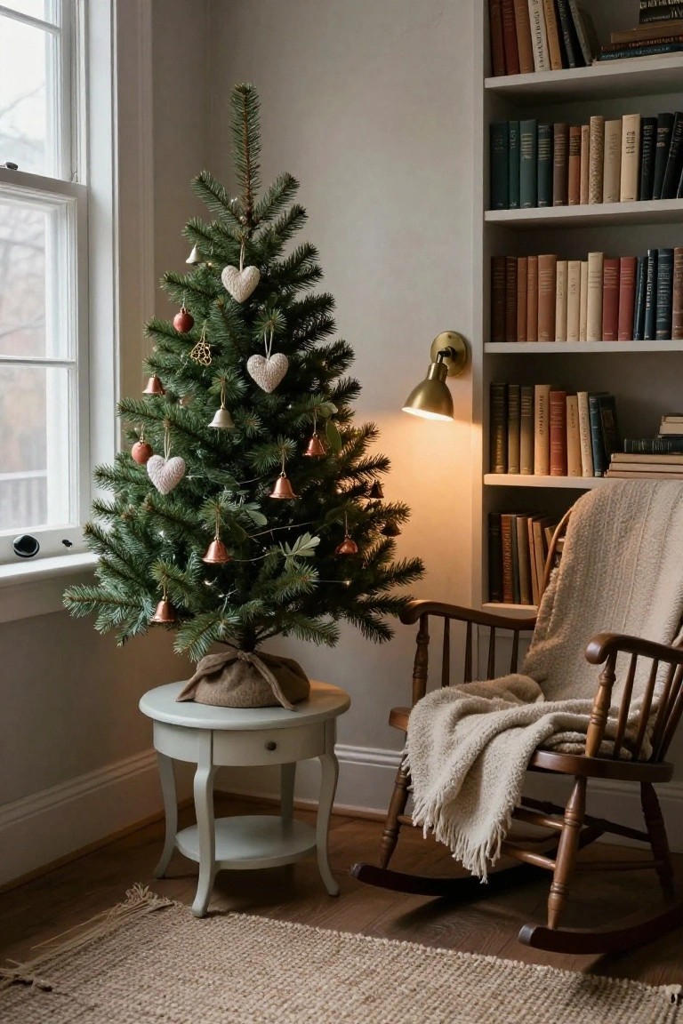 Small decorated Christmas tree on a white round pedestal table next to a wooden rocking chair with cream knit throw in a neutral-toned room featuring bookshelves and a large window.