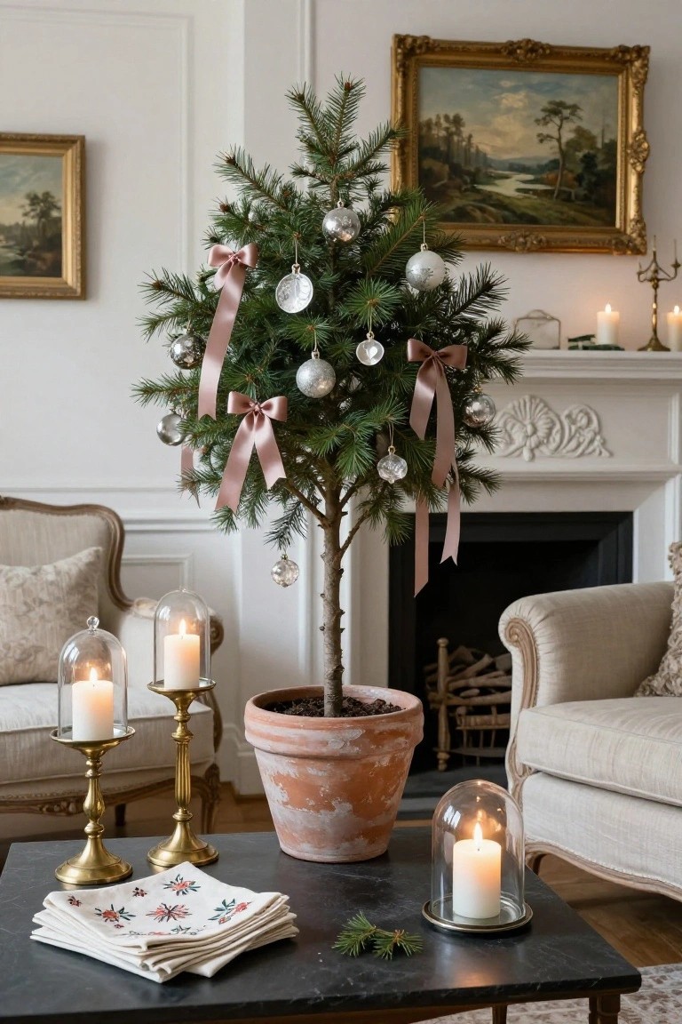 Small potted Christmas tree decorated with silver glass ornaments and pink satin ribbons in a terracotta pot on a table in an elegant living room with candles, armchairs, paintings, and a fireplace.