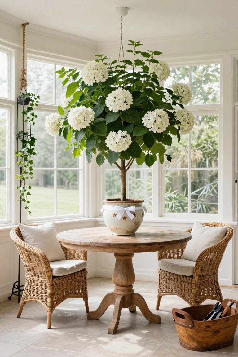 Sunroom interior with a large potted white hydrangea tree next to a round wooden table, two rattan chairs with cushions, large windows overlooking greenery, and a hanging ivy plant.