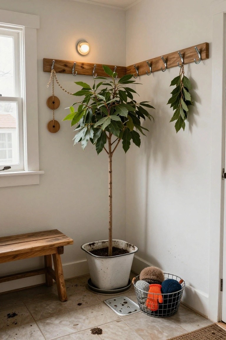 Corner of a white interior room featuring a tall potted green tree in a white metal tub, wooden wall hooks with hanging items, a wooden bench, a basket of knit hats and gloves, and a tiled floor near a door.