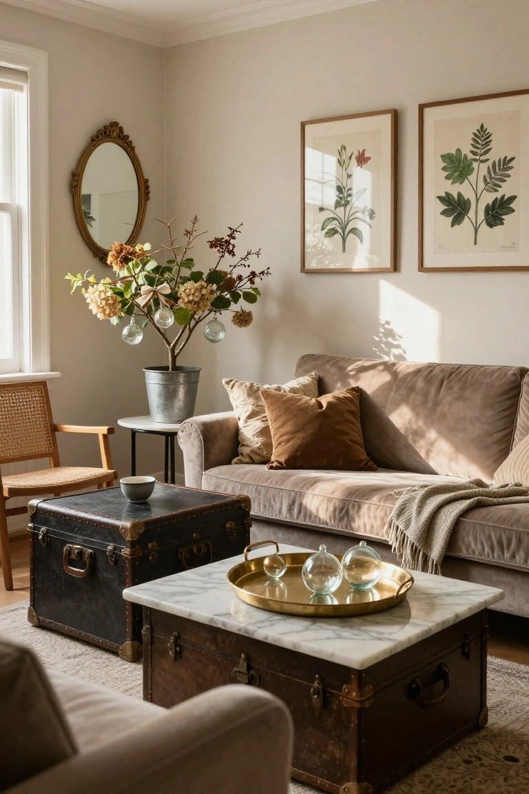 Cozy living room with beige velvet sofa, rattan chair, leather trunk coffee table with marble top and glass orbs, antique gold mirror, botanical prints on walls, and galvanized bucket holding a small plant decorated as a Christmas tree with dried hydrangeas and hanging glass baubles.