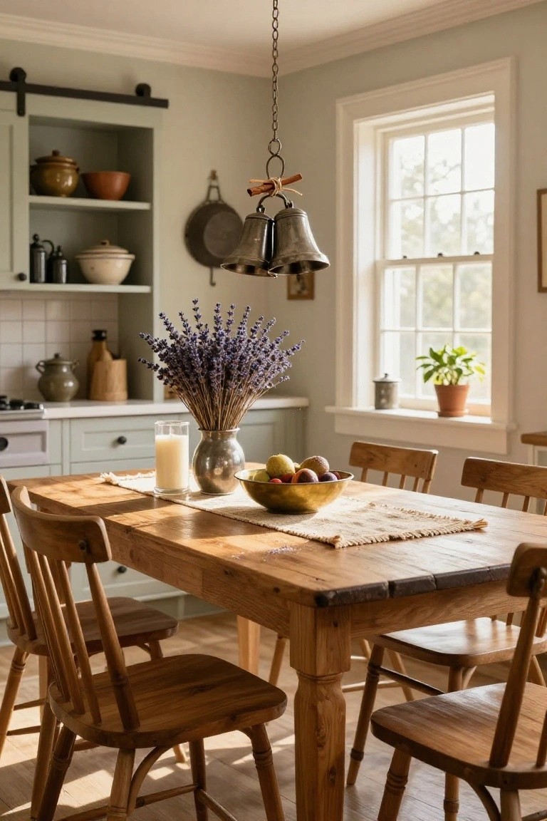 Sunlit kitchen with sage green cabinets, wooden farmhouse dining table and chairs, lavender bouquet in metal vase, brass bowl of fruit and vegetables on table, hanging bells on ceiling light fixture.
