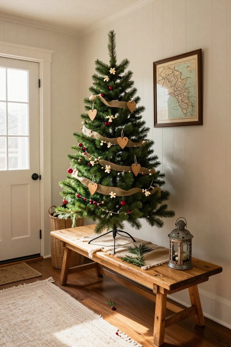 Small real Christmas tree decorated with burlap ribbons, wooden heart ornaments, red berries, and white star picks stands on a metal stand in the corner of a white shiplap-walled room next to a wooden bench holding greenery and a metal lantern, with a white door and wicker basket nearby.