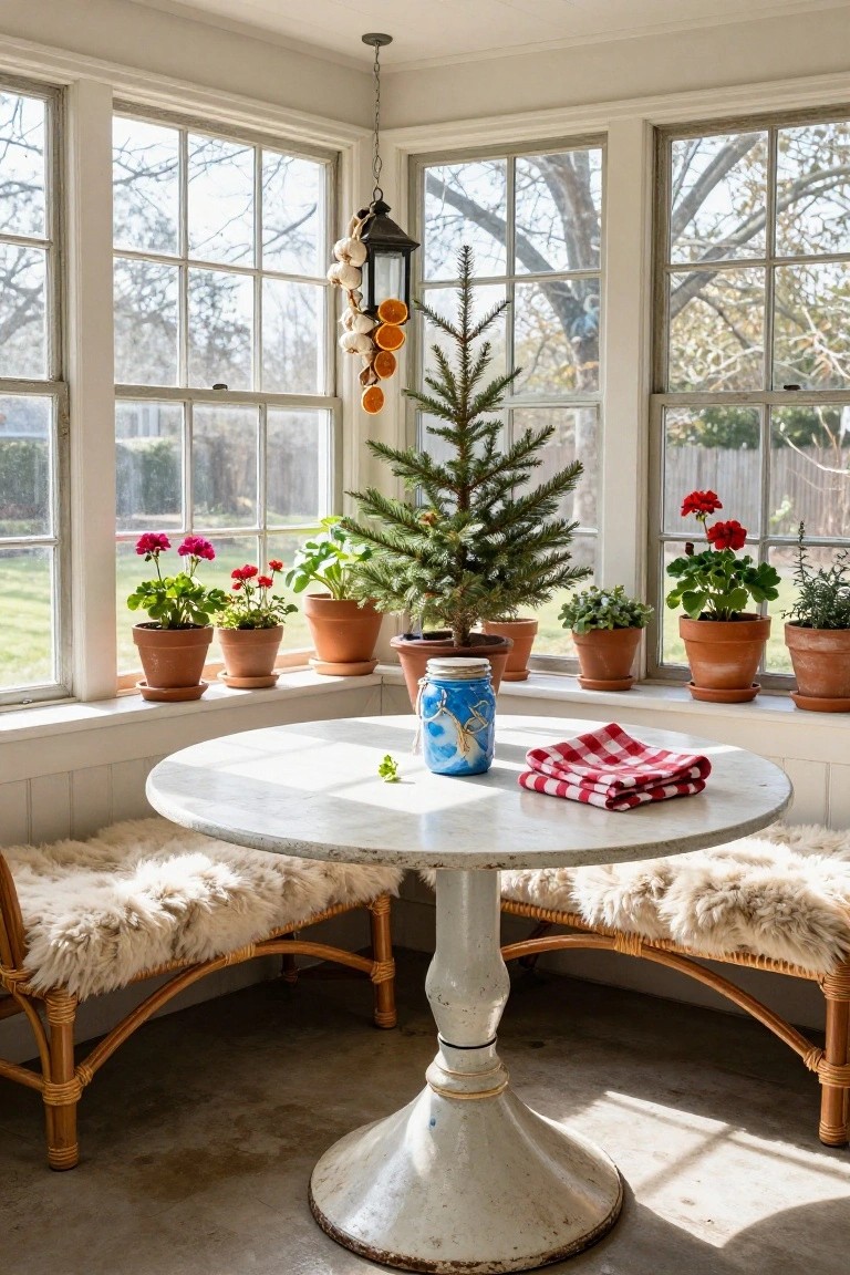 Bright sunroom corner with three large windows, small potted Christmas tree on round white pedestal table covered in red checkered cloth, blue mason jar on table, various potted plants on windowsills, sheepskin benches with rattan frames, hanging lantern with oranges and garlic.