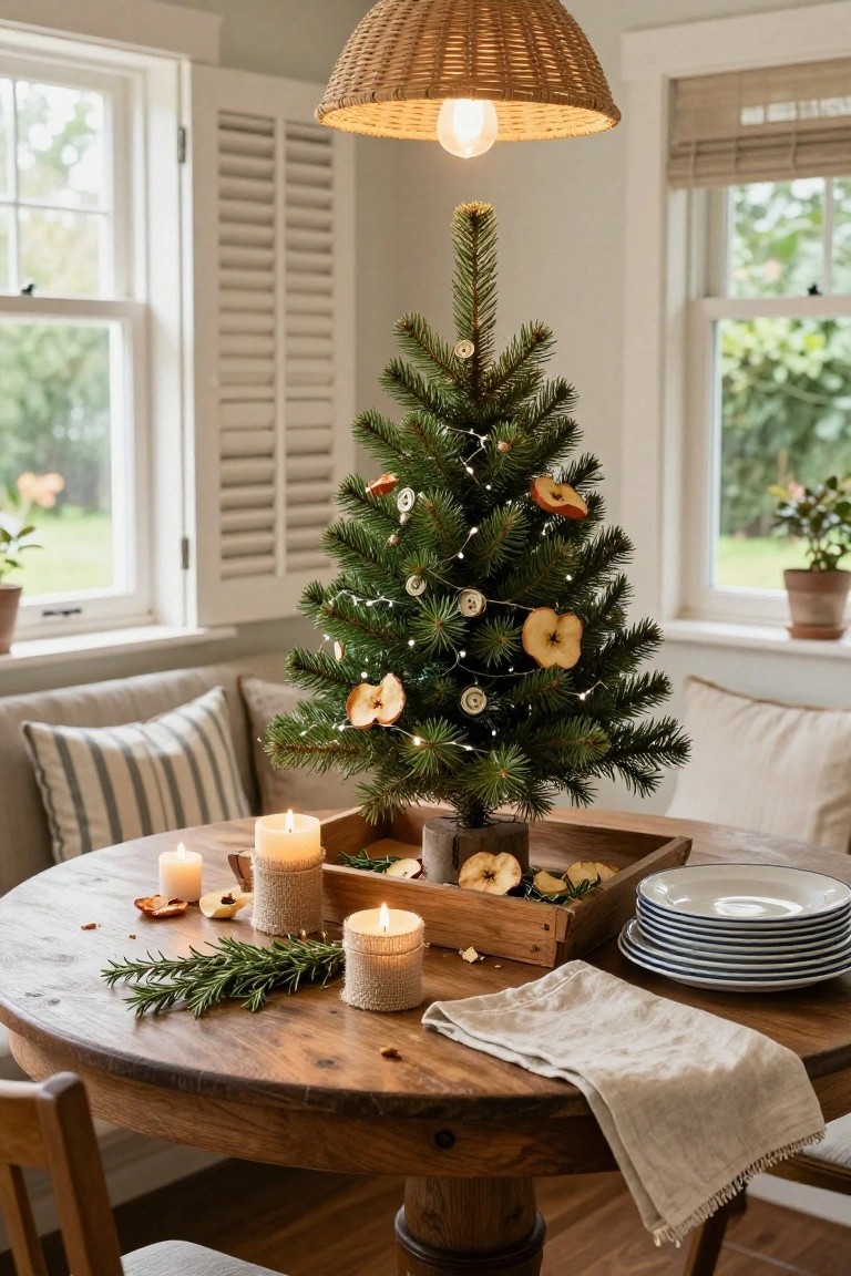 A small lit Christmas tree decorated with dried apple slices and string lights sits on a round wooden dining table with candles, rosemary sprigs, and stacked plates nearby in a sunlit room with shutters.