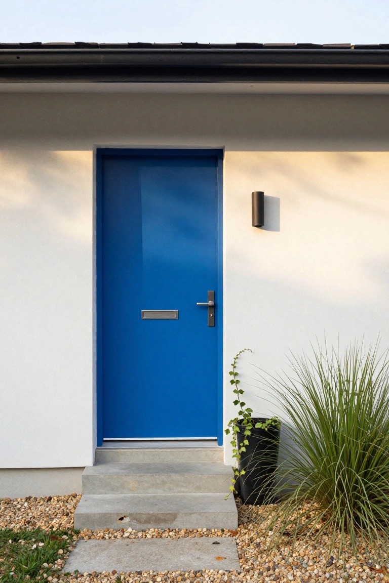White modern house facade with a glossy blue front door, silver handle and letter slot, black cylindrical wall light, concrete steps, black pot with ivy, potted ornamental grass, and gravel ground cover.