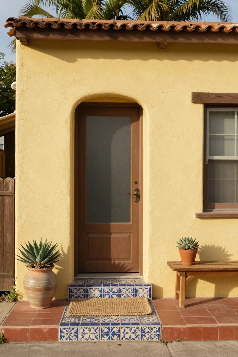Yellow stucco house exterior with brown wooden front door and screen door, potted agave plant on left, succulent in pot and wooden bench on right, blue tiled steps, and woven mat at entry.