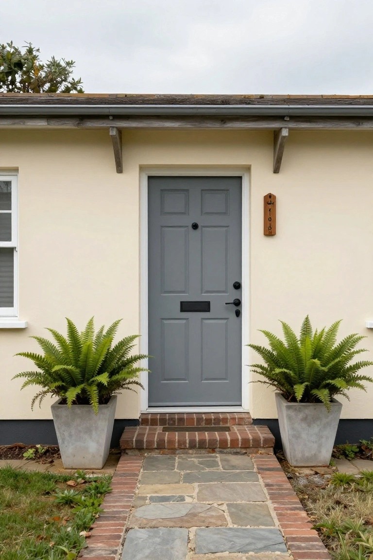 Pale yellow house exterior with dark gray paneled front door, wooden house number sign, two large potted ferns flanking the entrance, brick steps, and flagstone path.