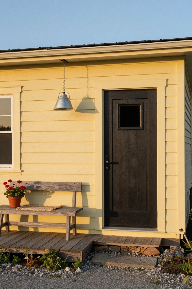 Yellow clapboard building with dark wood front door featuring small window, metal hanging lantern, wooden bench holding potted red geraniums on a small porch with gravel landscaping.