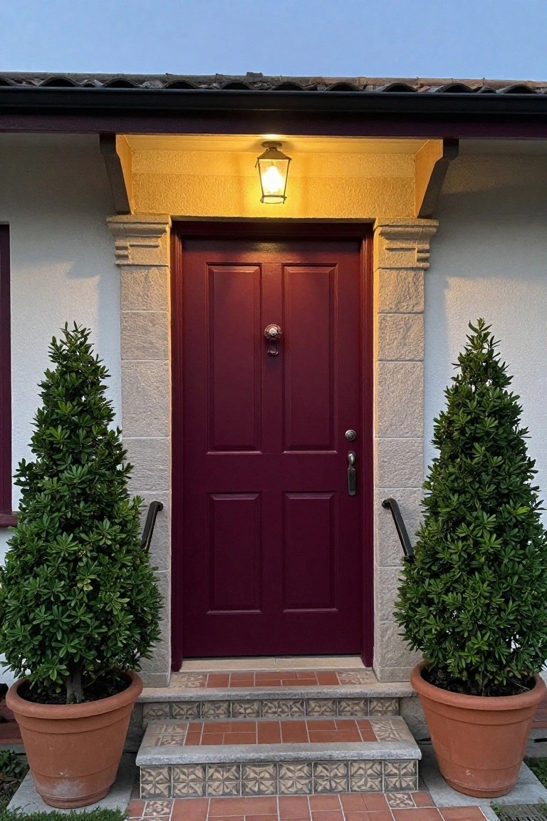 Deep burgundy four-panel wooden front door centered between stone pillars on a light stucco house exterior, flanked by two potted topiary trees in terracotta pots, with tiled steps, lantern light above, and handrails.