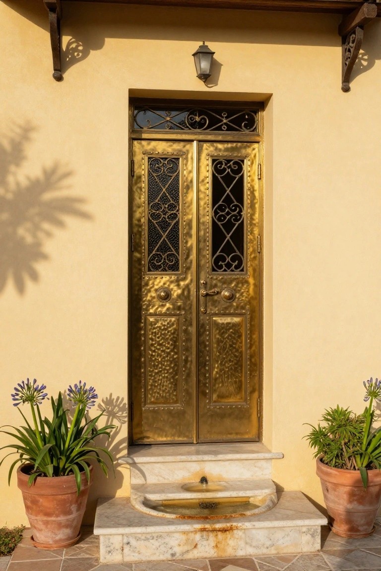 Ornate double golden brass front door with intricate metalwork on a pale yellow stucco wall, lit by a lantern above, flanked by terracotta pots of agapanthus plants beside marble steps with a small fountain.