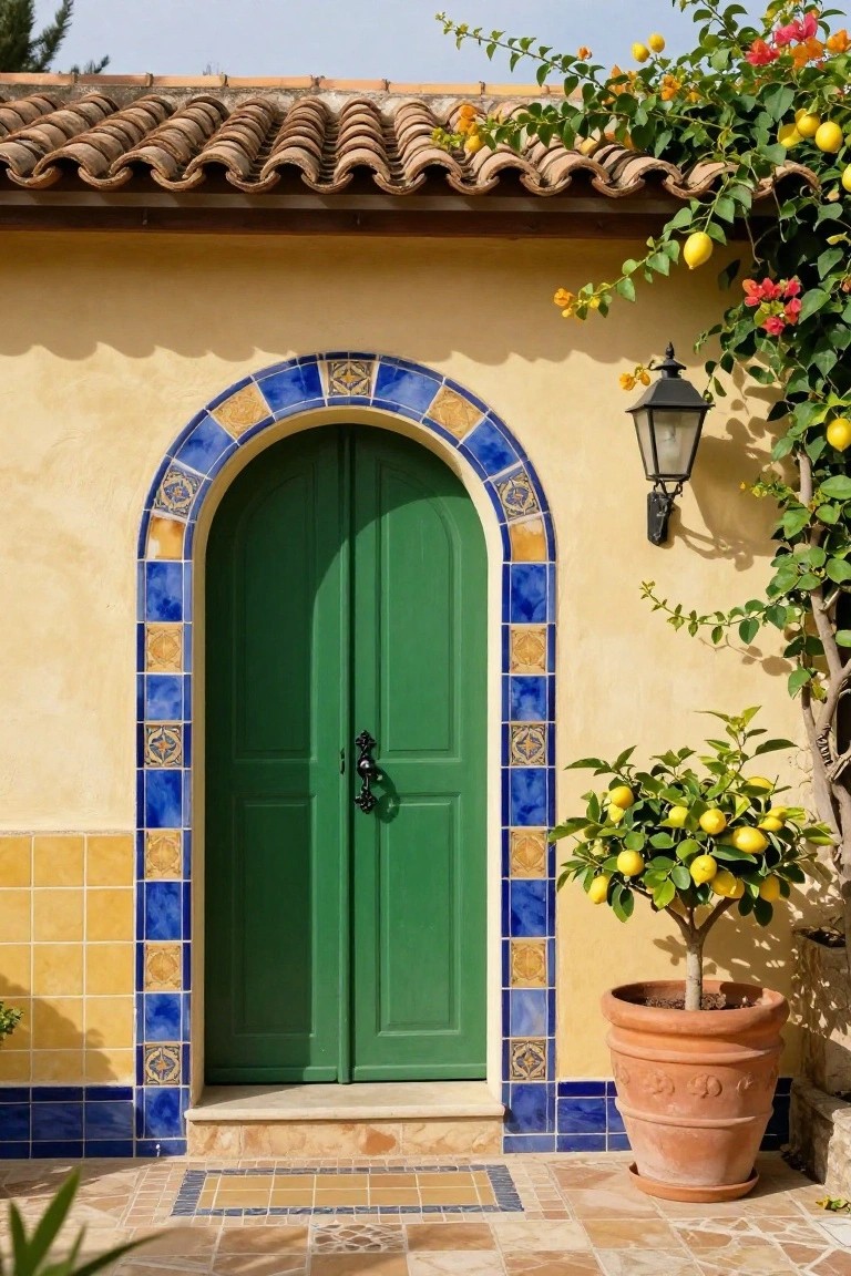 Yellow stucco house exterior featuring a tall green arched front door framed by blue and yellow tiles, with a wall lantern, climbing vines and bougainvillea, and a potted lemon tree on a terracotta patio.