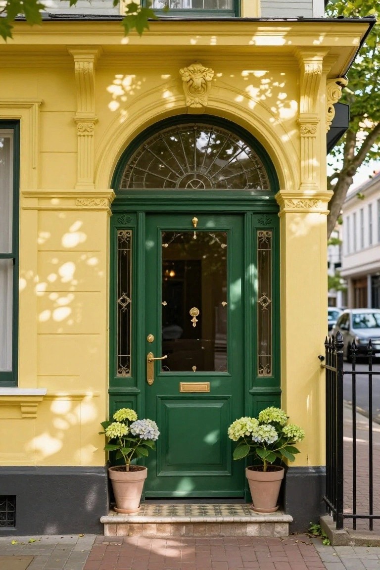 Elegant green door with decorative glass, surrounded by yellow walls and potted plants.