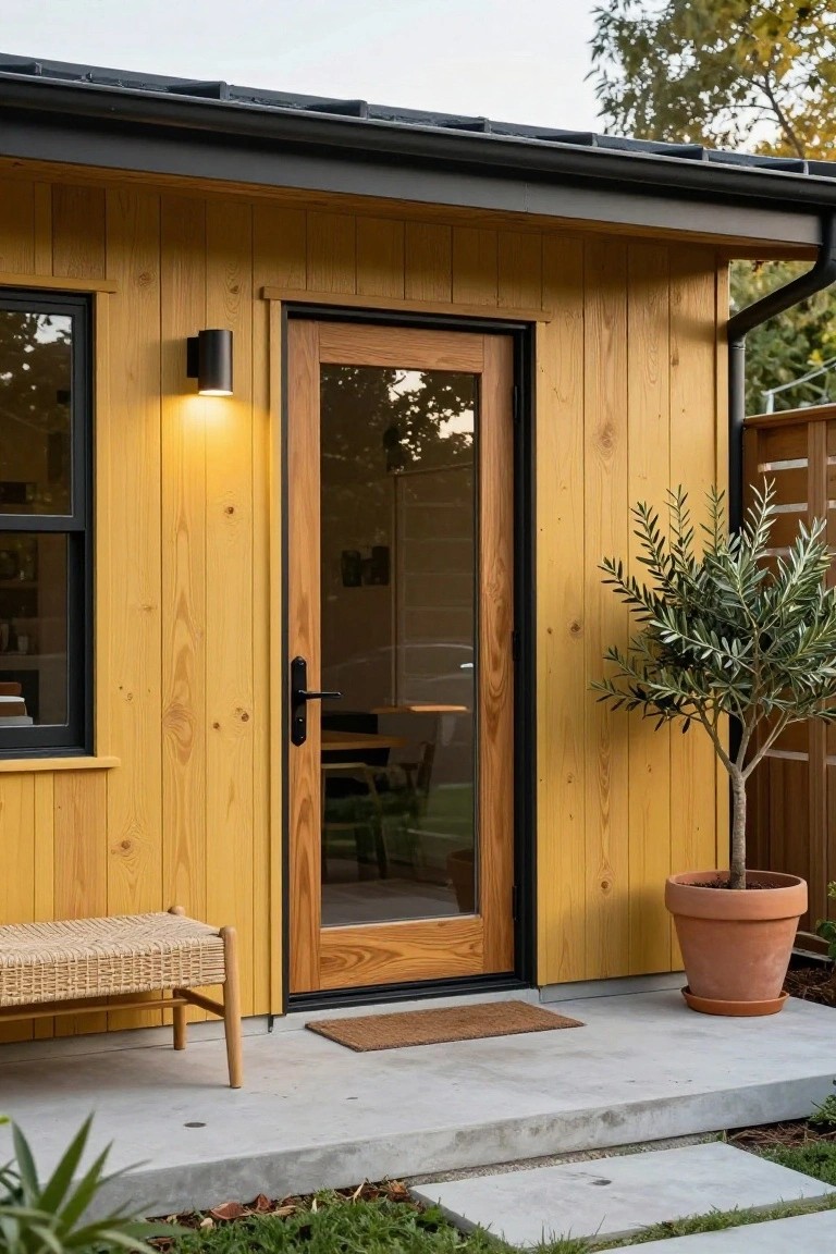 Yellow cedar wood siding on a small modern building with a glass-paneled natural wood front door in a black frame, black wall light, rattan bench, potted olive tree, and concrete entry steps.