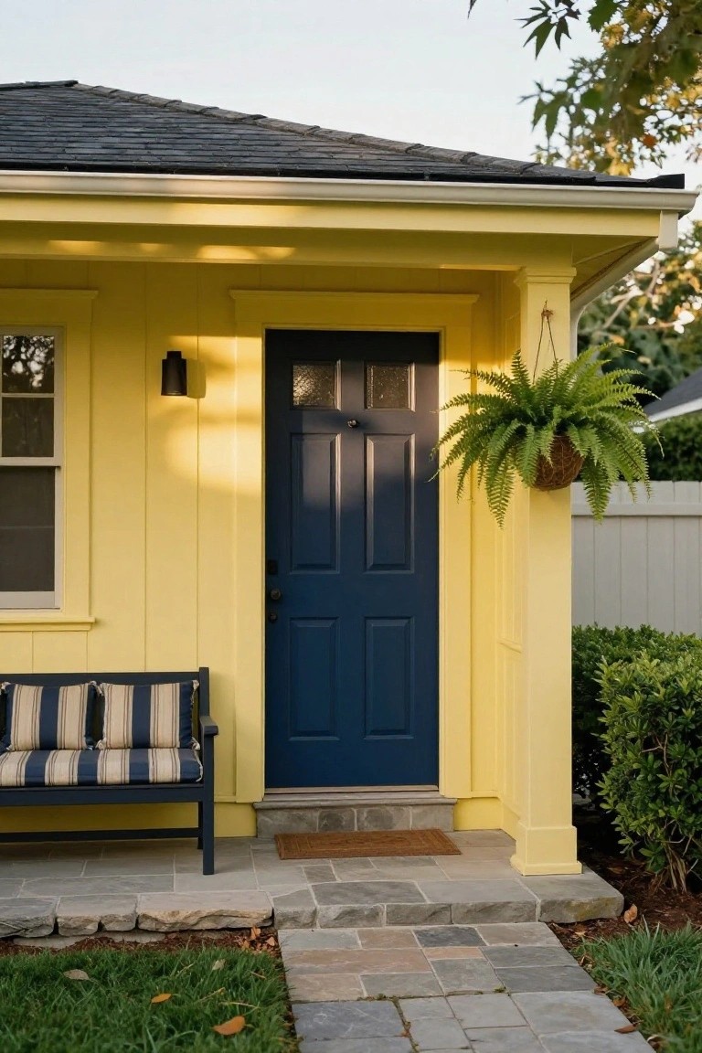 Yellow clapboard house exterior with dark navy blue front door, black wall lantern, striped bench, hanging fern basket, stone steps, and adjacent landscaping.