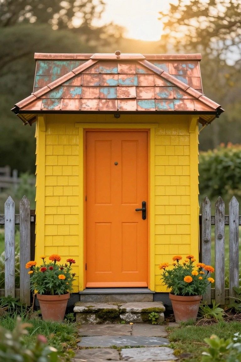 Bright yellow garden shed with an orange door and copper roof, surrounded by flowers.