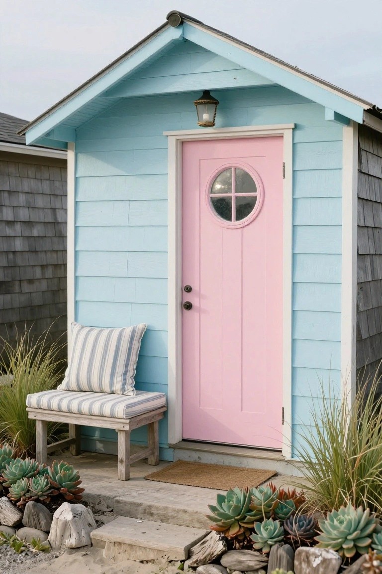 Light blue clapboard house with pink front door that has a round four-pane window, wall lantern above door, wooden bench with striped cushion and pillow beside door, potted succulents and grasses around concrete steps with rocks and driftwood.