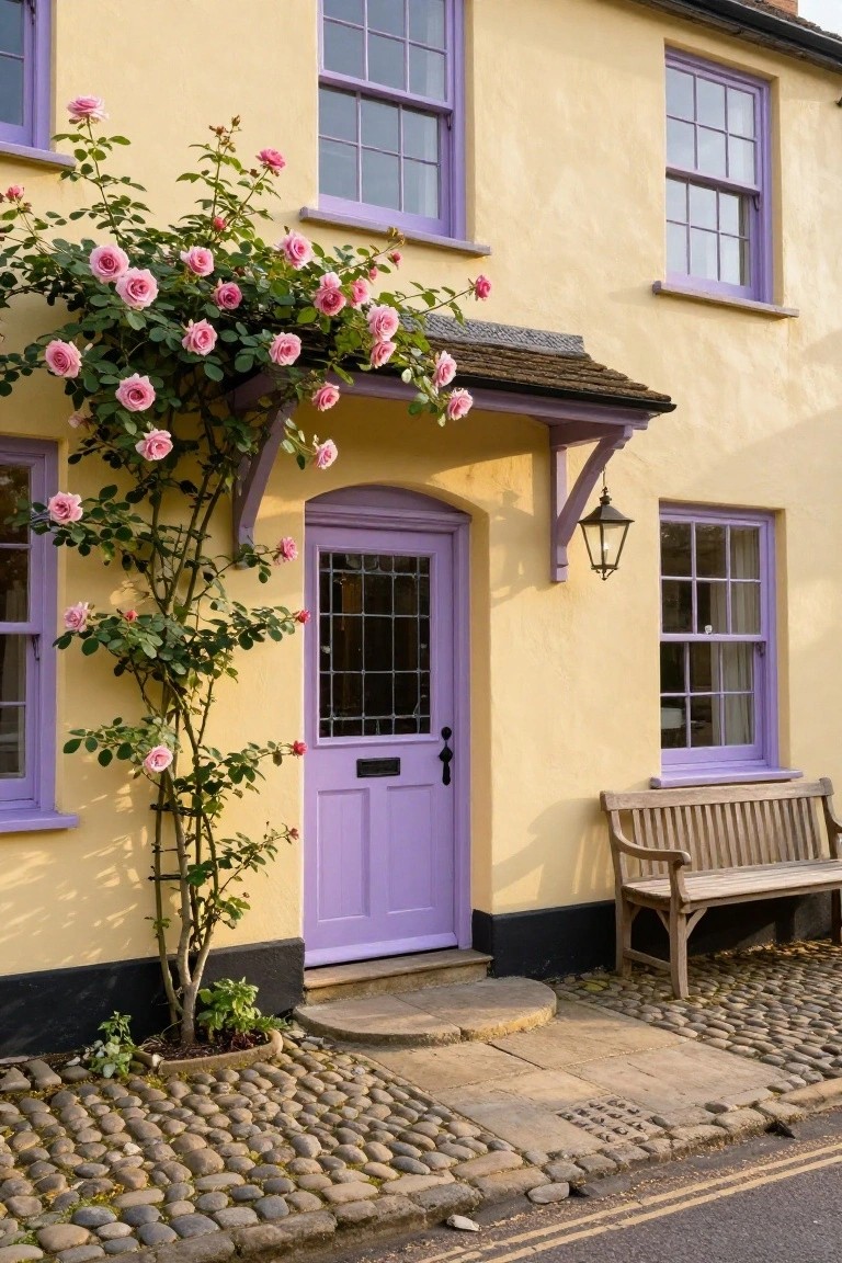 Yellow cottage exterior with purple front door and window frames, pink climbing roses on a trellis, lantern light, wooden bench, and cobblestone path.