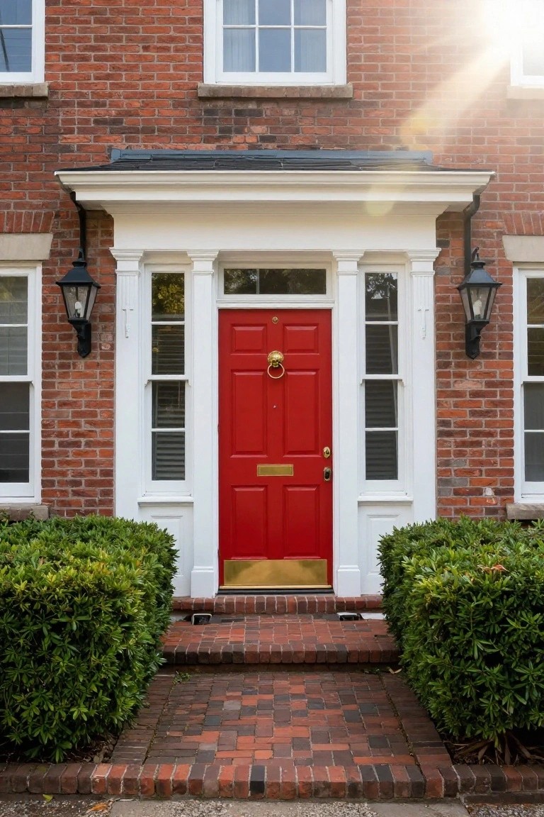Brick house facade with white-columned porch, glossy red front door with brass knocker and handle, flanked by lanterns and boxwood shrubs along brick steps and pathway.