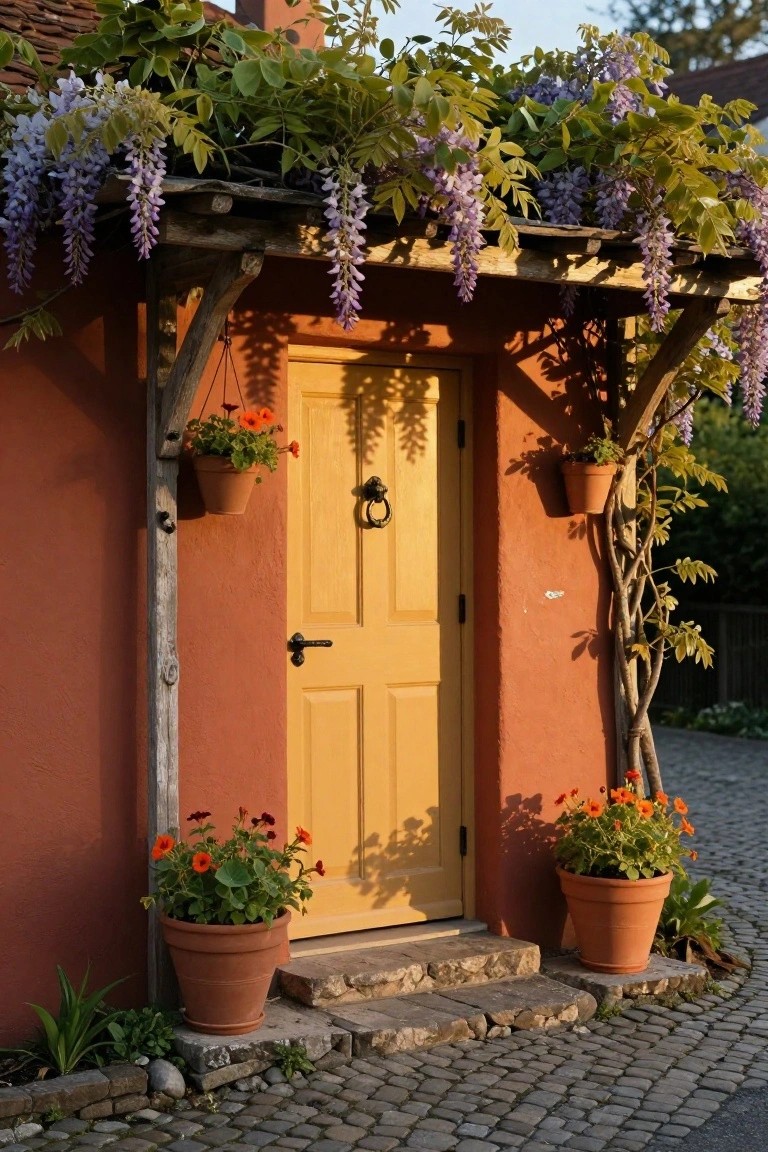 Terracotta house wall with yellow front door under wooden pergola covered in purple wisteria, hanging geranium pot, potted flowers flanking stone steps, and cobblestone path.