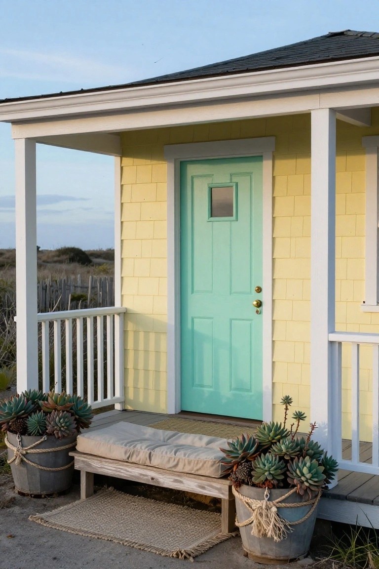 Yellow shingled house exterior with turquoise front door, white porch columns, potted succulents, wooden bench, and seagrass rug at the entry.