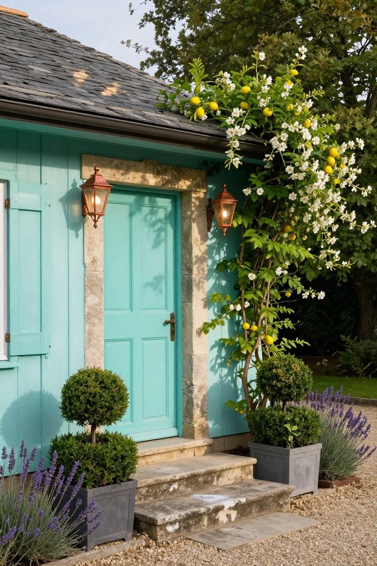 Turquoise front door set in a stone archway on a turquoise house exterior, with copper lanterns on each side, climbing lemon vine with yellow fruits and white flowers, potted boxwood topiaries, and lavender plants on steps leading to a gravel path.