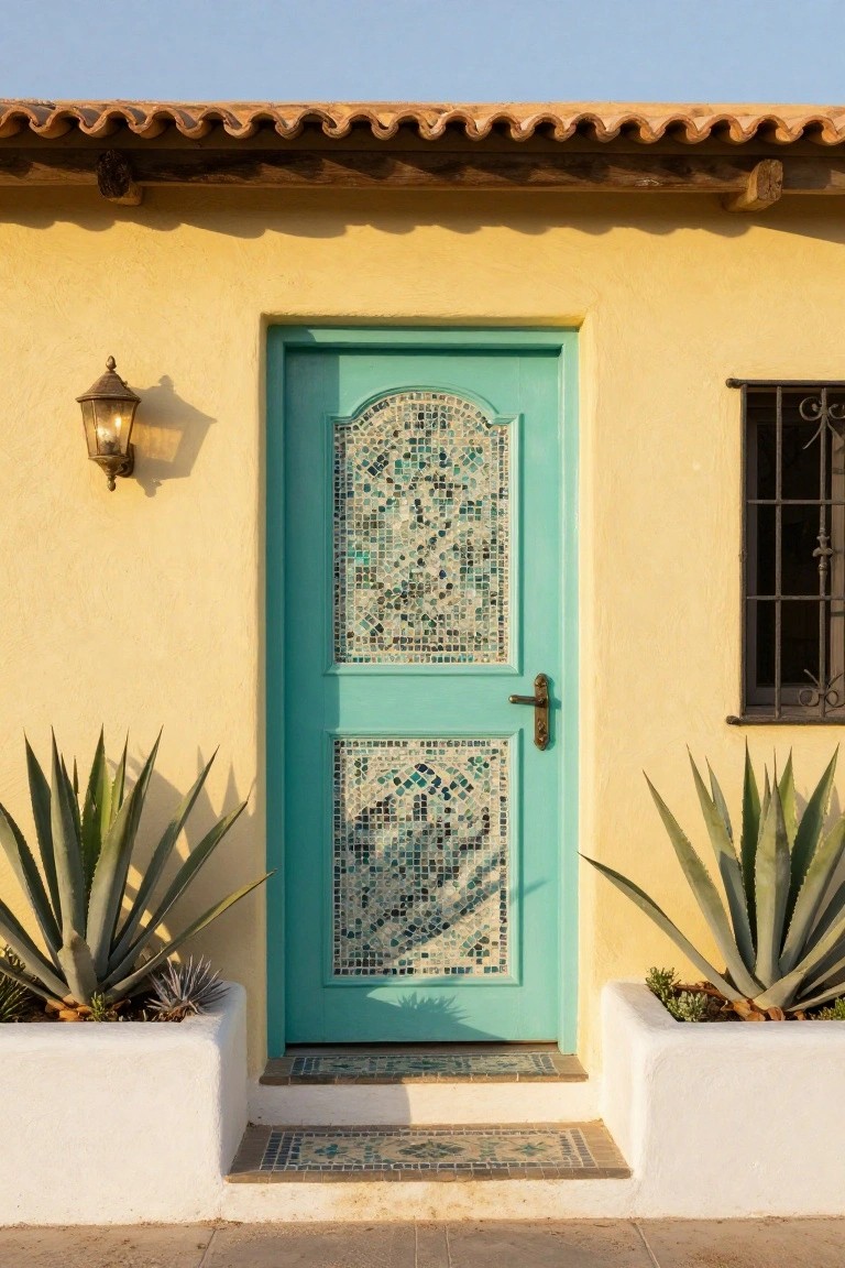 Yellow stucco house exterior with turquoise front door featuring intricate blue mosaic tile design, brass door handle, wall lantern, barred window, agave plants in white planters, and tiled entry steps.