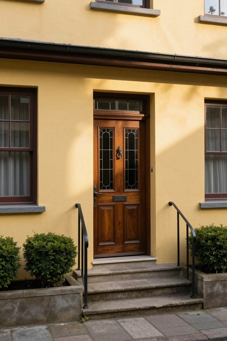 Yellow house exterior with dark stained wooden front door featuring leaded glass panels, flanked by curtained windows, black metal handrails on steps, and low boxwood shrubs in concrete planters.