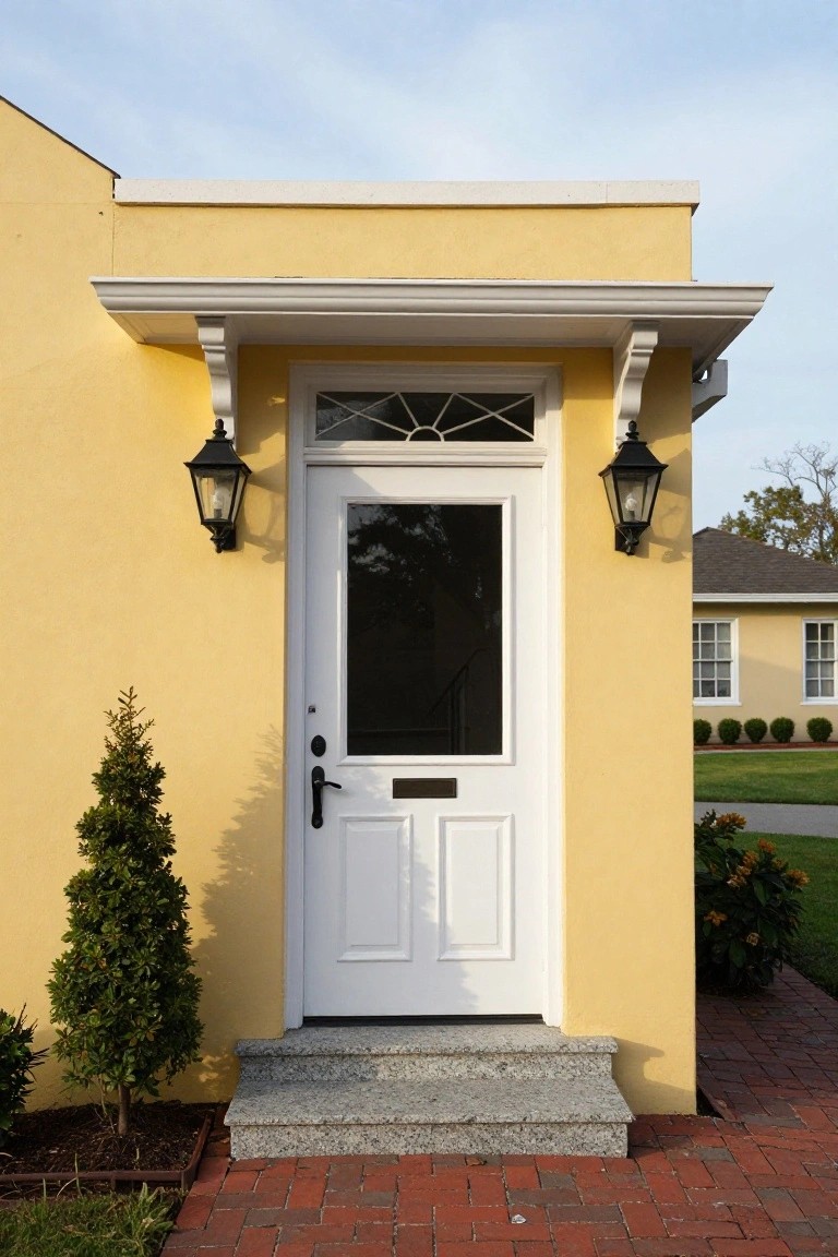 White paneled front door with letter slot on pale yellow stucco wall under small white porch supported by brackets, flanked by black lantern lights, small spruce shrubs, granite steps, and brick path.