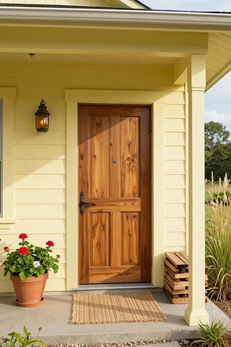Pale yellow clapboard house with covered porch, dark wooden front door, black lantern light, potted red geraniums, seagrass doormat, firewood stack, and ornamental grasses nearby.