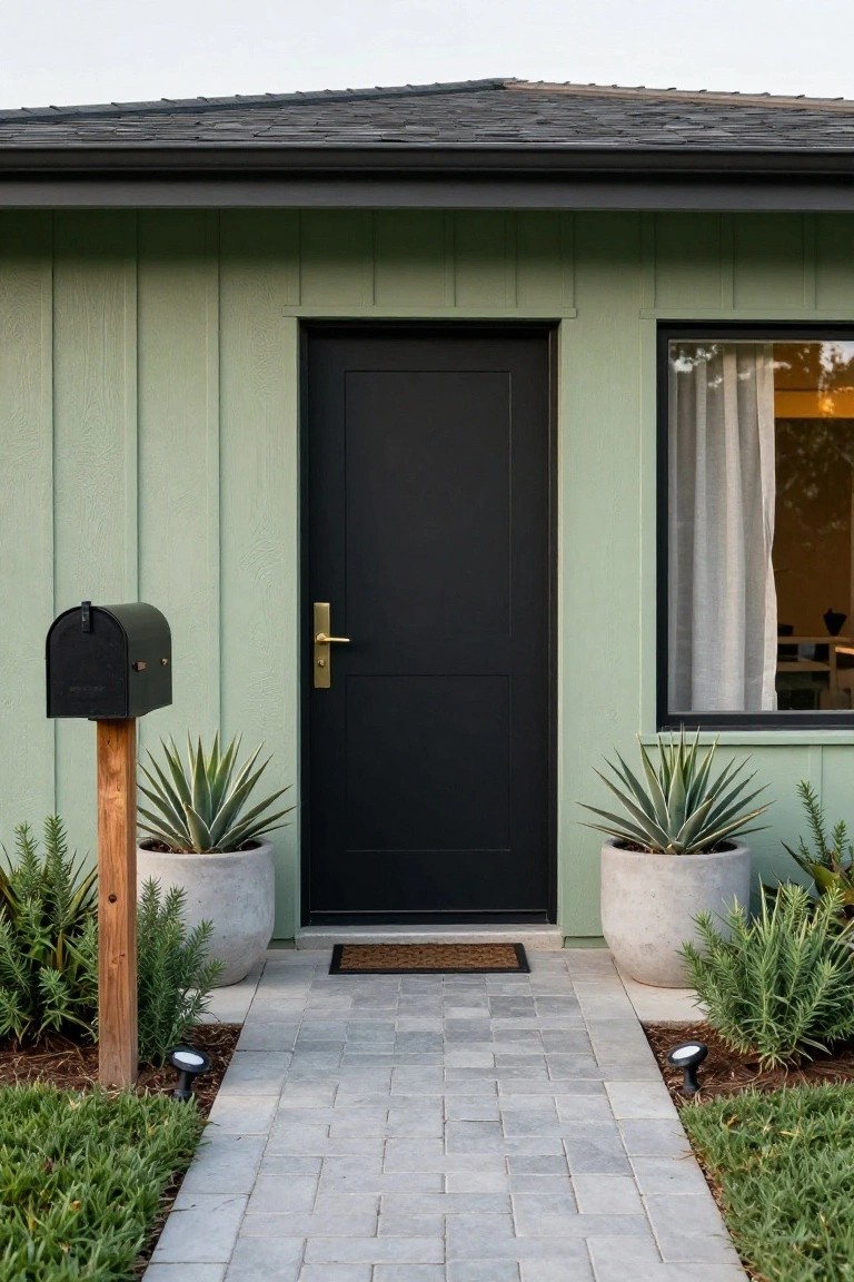 Sage green vertical board-and-batten house exterior with black front door and brass handle, flanked by potted agave plants on either side, gray stone pathway leading to a welcome mat, black mailbox on wooden post.