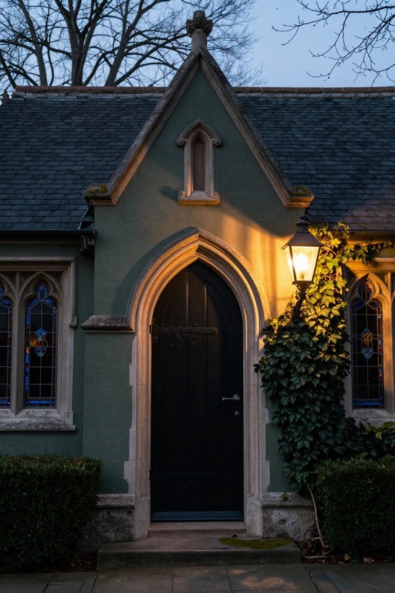 Green gothic-style building exterior featuring a central black arched front door flanked by stained glass windows, ivy on the wall, a lit lantern light, and boxwood shrubs at twilight.
