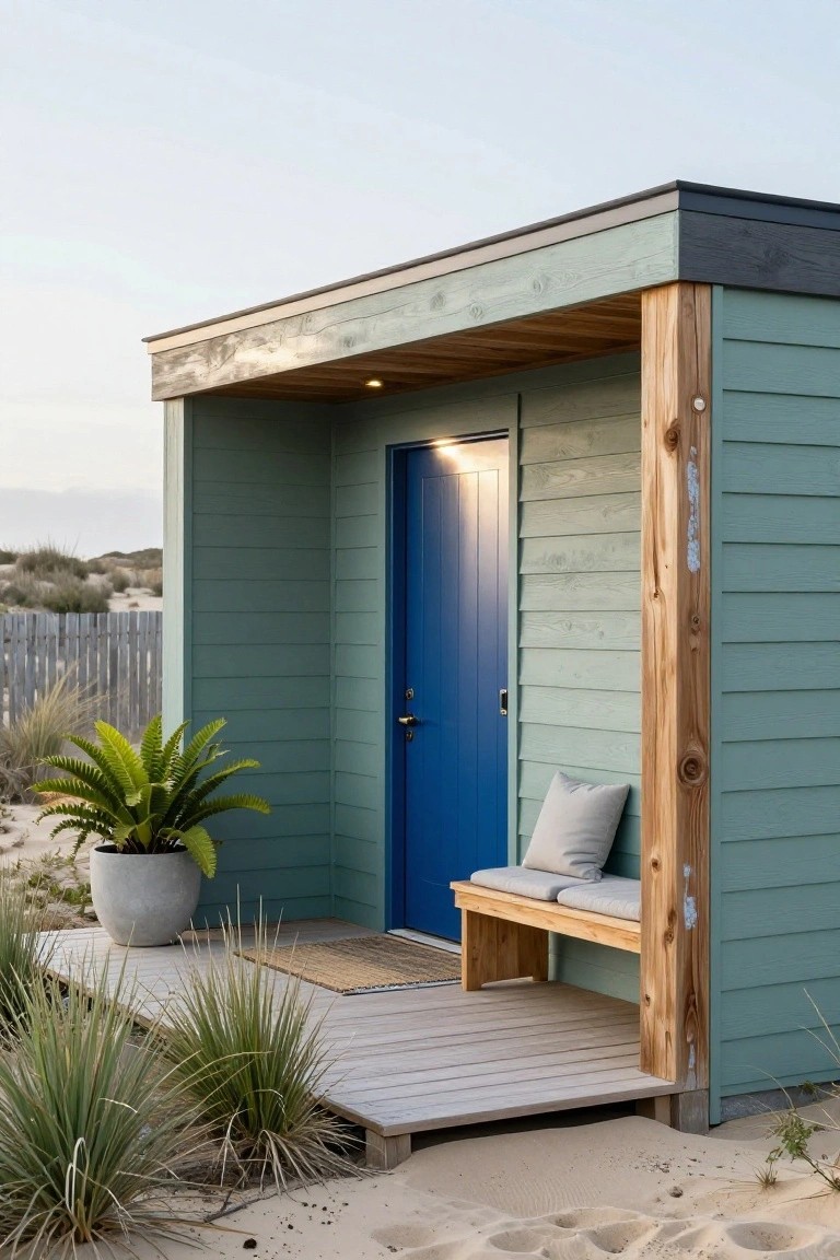 Small seafoam green wooden cabin with navy blue front door, wooden porch bench with cushions, potted fern plant, woven doormat, and beach grasses on sandy dunes.