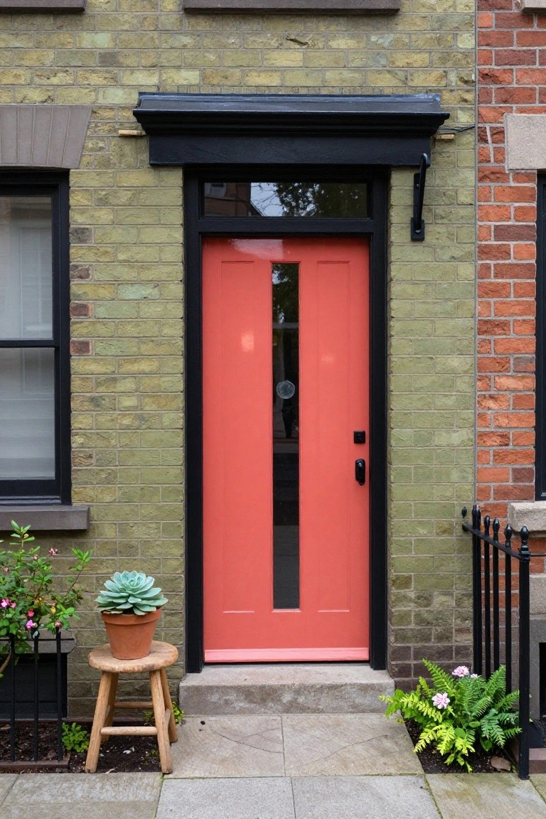 Coral orange front door with vertical glass panel and black frame on yellow-green brick house wall, with potted succulent on wooden stool to the left and plants to the right.