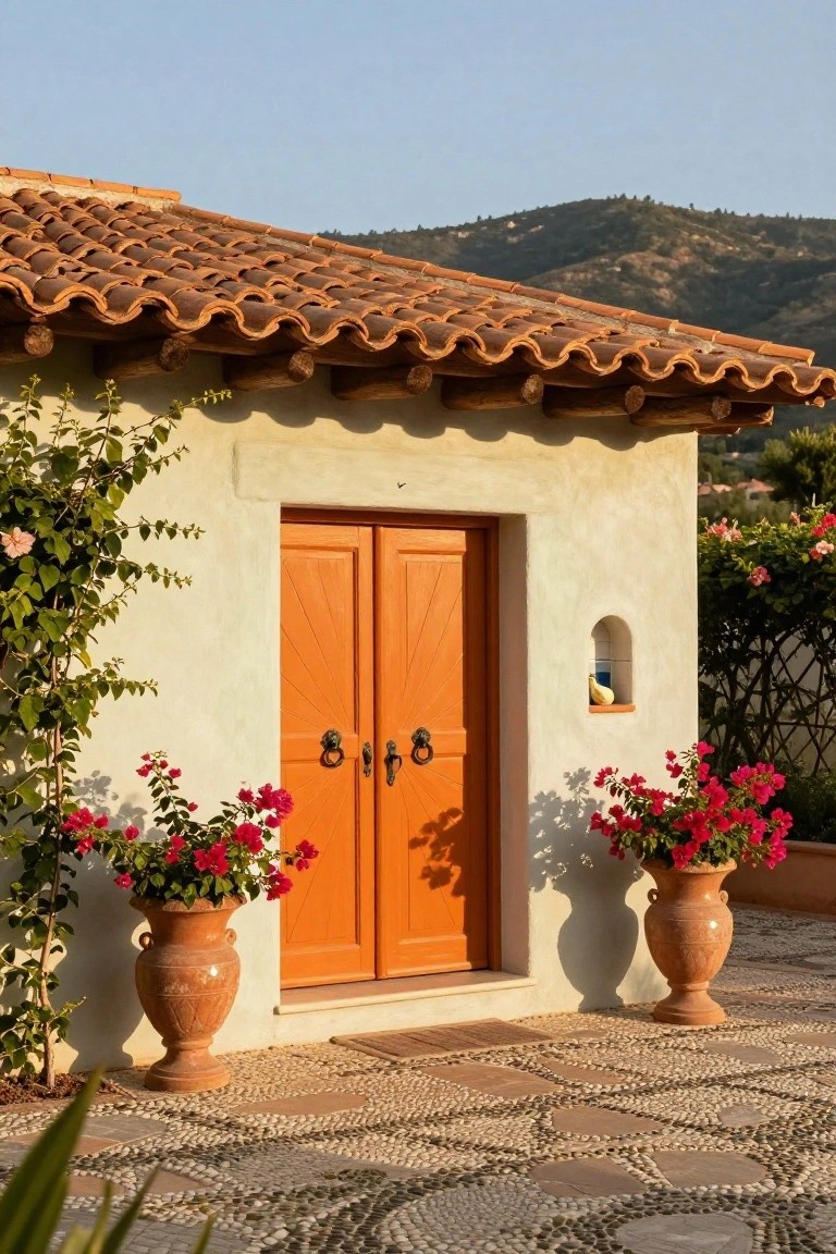 Beige stucco house facade with double burnt orange wooden doors, large terracotta pots of red bougainvillea on either side, climbing vines, a small niche window, terracotta tile roof overhang, and pebble stone path in front.