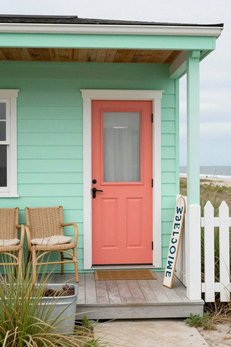 Mint green clapboard house with coral pink front door, white trim around a glass window, two wicker chairs on porch, welcome sign, potted grass, and beach dunes in background.