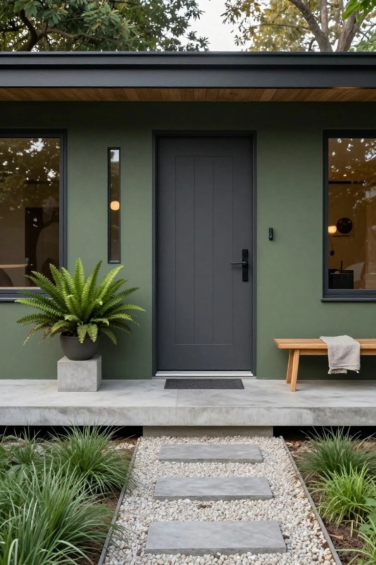 Sage green house exterior featuring a black paneled front door centered between two large windows, with a potted fern plant, wooden bench with throw, stone steps, and gravel path bordered by grasses.