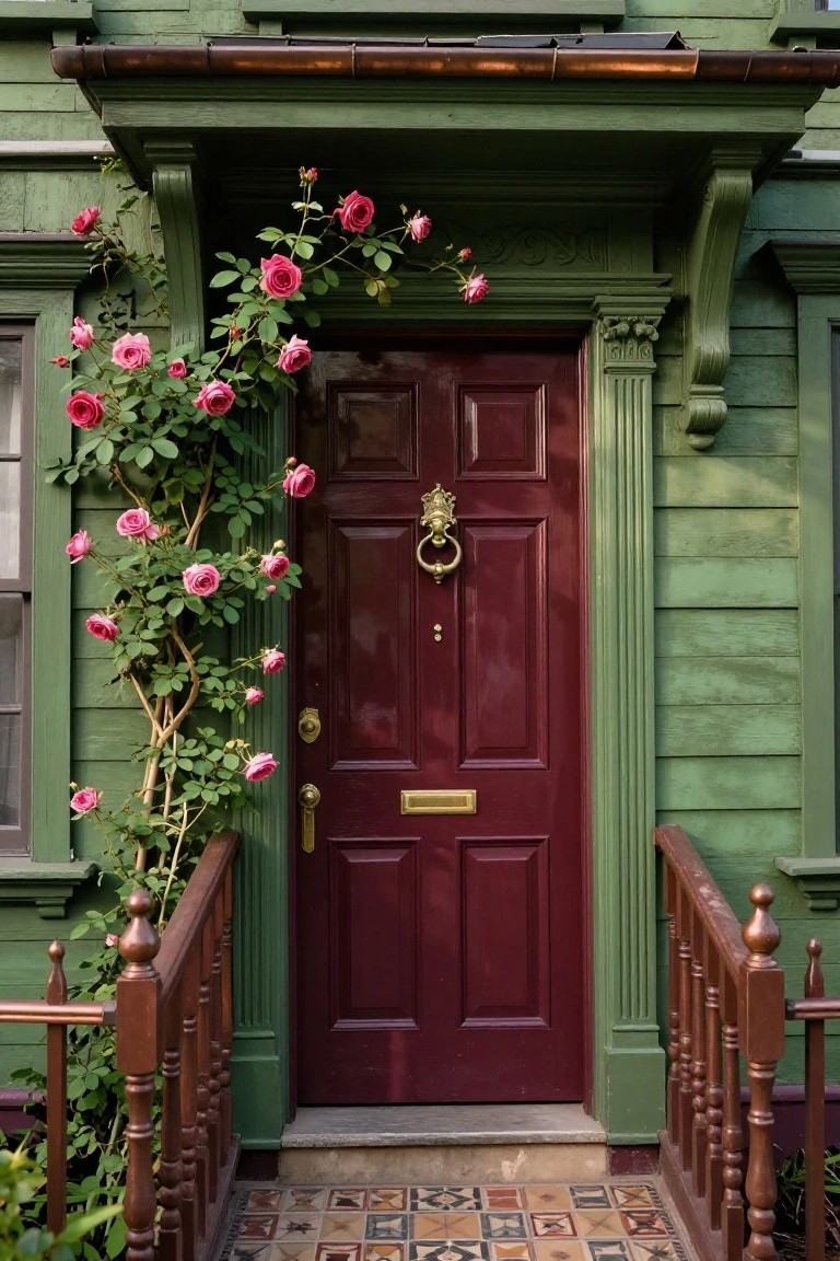 Green shingled house exterior with a deep maroon paneled front door, pink climbing roses along the side, brass knocker and handle, wooden porch railing, and patterned tile entry steps.