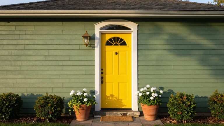 23 Front Door Colors With Green House Ideas Sage green house with white columns and trim around a bright yellow front door featuring an arched glass window, flanked by terracotta pots of white geraniums on stone steps with a woven doormat.