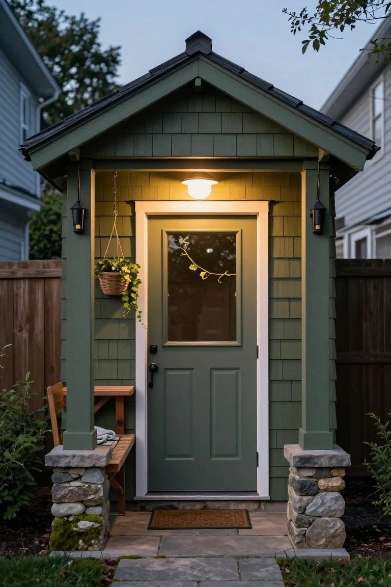 Small green shingled backyard structure with matching green door, lit porch light, hanging plant, wooden bench on stone pillar, and flagstone path at dusk.
