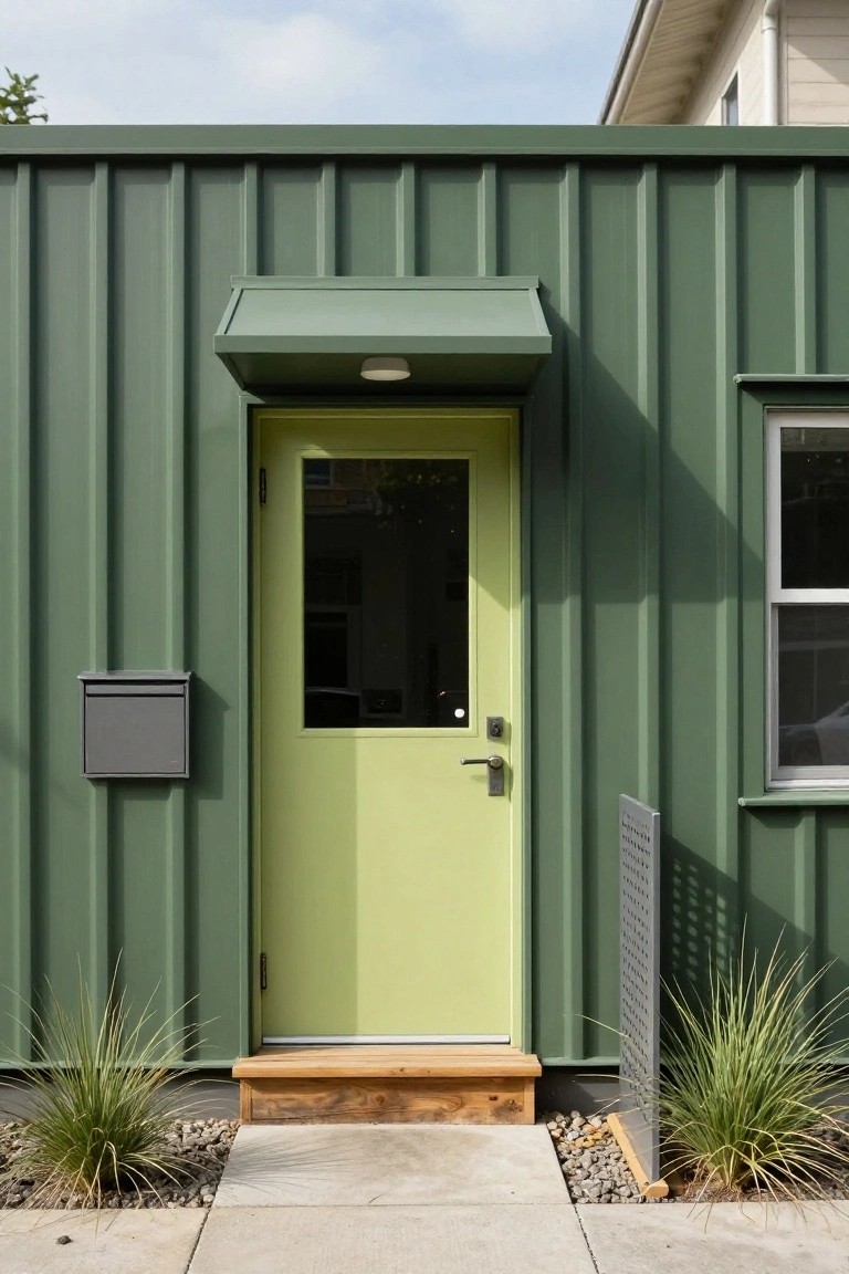 Green corrugated metal shipping container home exterior with lime green front door under a matching awning, gray mailbox, small wooden step, ornamental grasses, and concrete walkway.