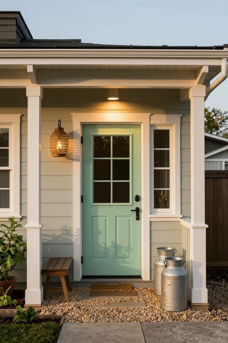 Light gray house exterior with mint green paneled front door featuring glass upper panels, white porch columns and trim, two side windows, rattan wall lantern, wood bench, potted plants, and two metal milk cans on gravel beside a stone path.
