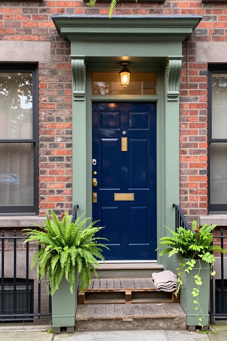 Brick townhouse exterior featuring a navy blue paneled front door within a sage green wooden frame, brass knocker and letter slot on the door, potted ferns flanking the entry steps, and a lantern light above.