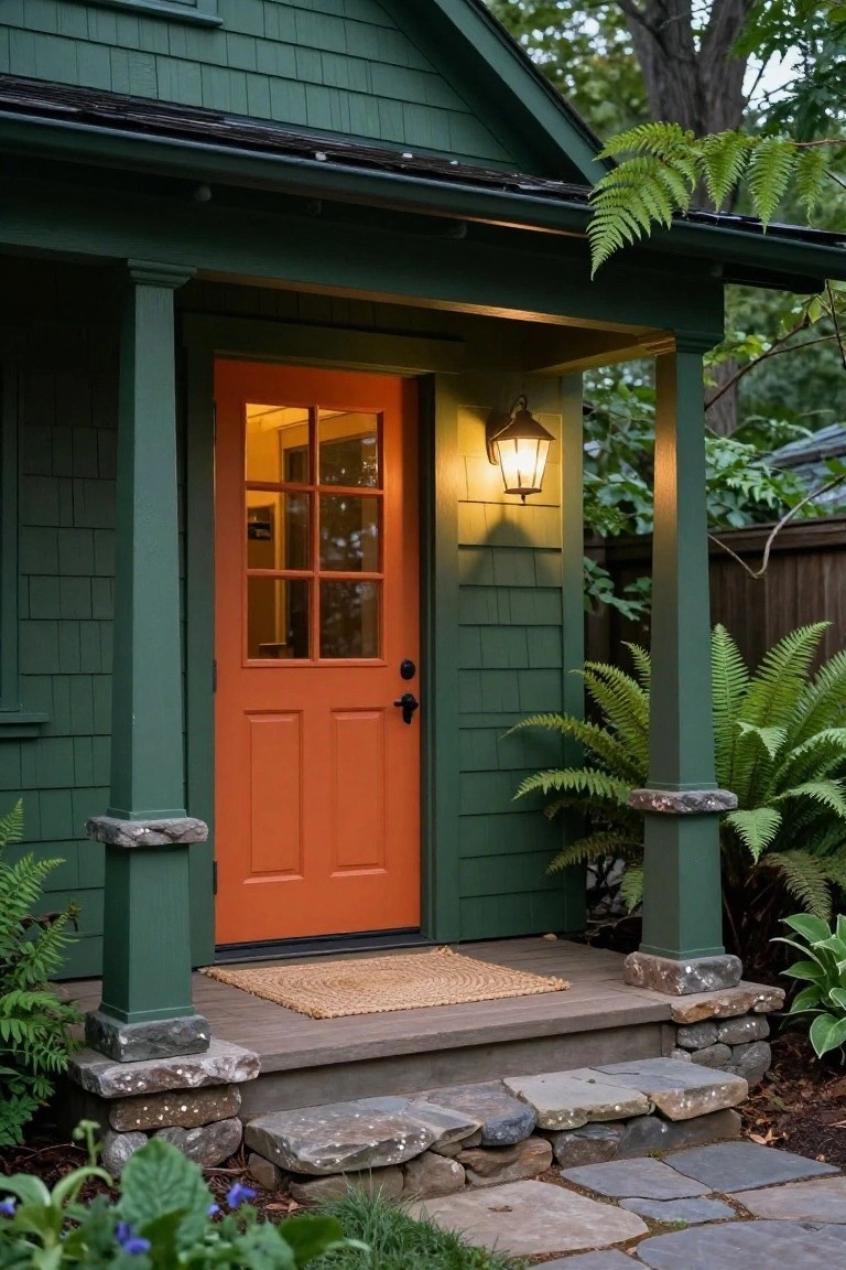 Dark green shingled house exterior with orange paneled front door, lit lantern on porch post, ferns nearby, stone steps, and gravel path.