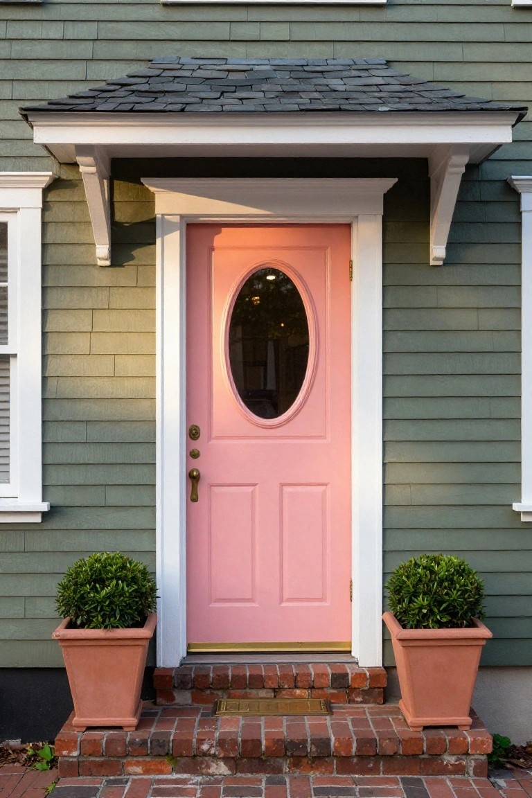 Sage green shingle house with pastel pink front door featuring oval window, white trim, small porch overhang, flanked by terracotta pots with trimmed boxwood shrubs on brick entry steps.